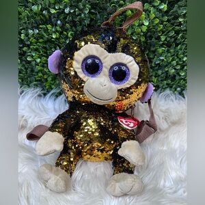 Ty Gold and Brown Sequin Monkey coconut Plush‎ back pack nwt collectible